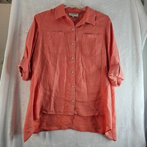 Jones New York Sport Woman Orange Shirt Top 100% Linen Tunic Relaxed Collared - Picture 1 of 12